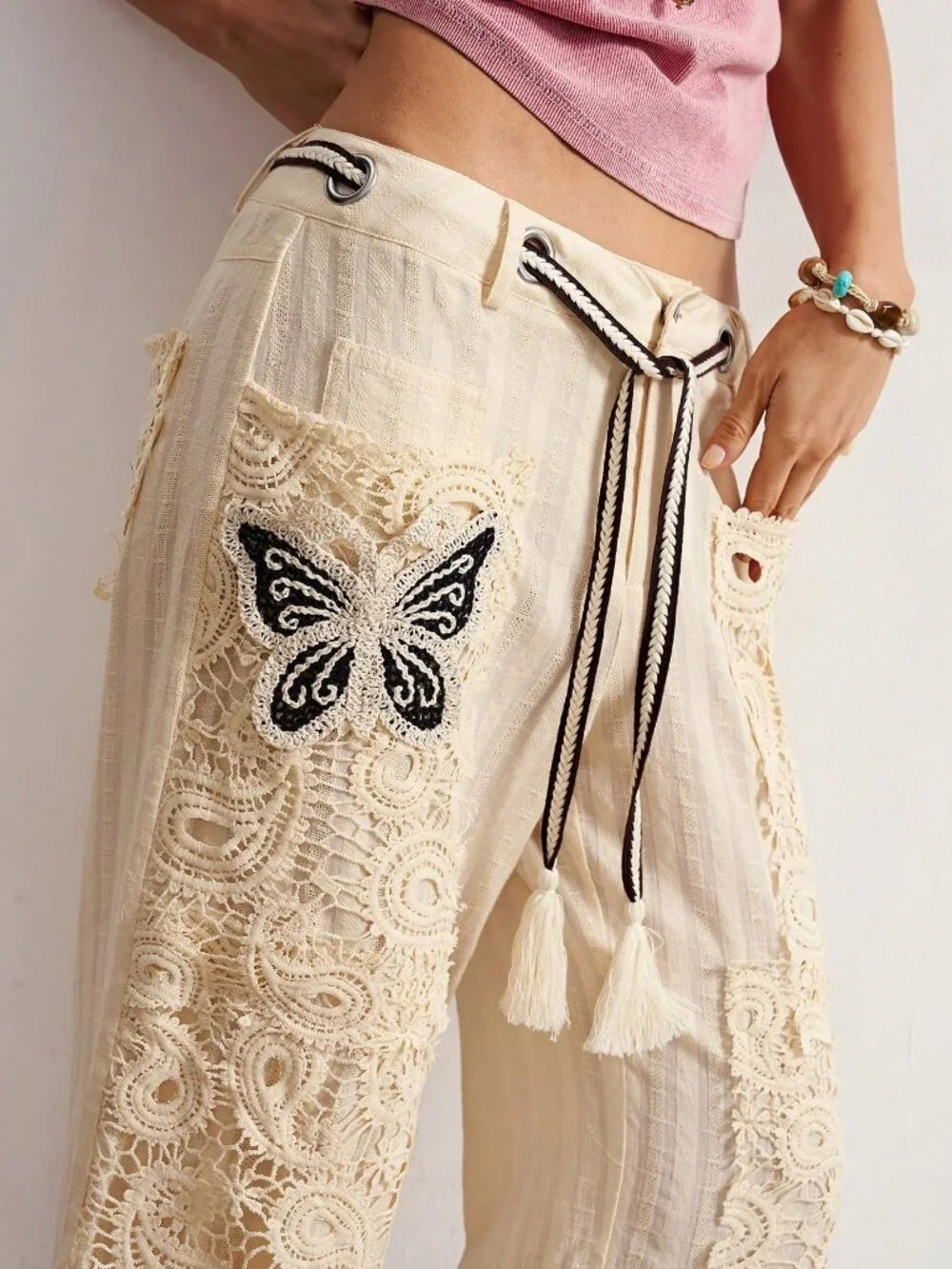 Multicolor Casual Women's Boho Woven Contrast Lace Loose Wide Leg Long Pants